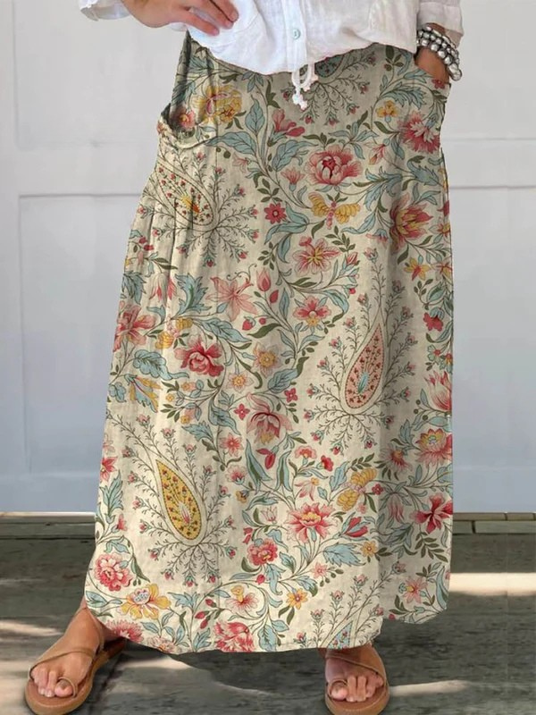 Vintage Floral Art Printed Linen Skirt in Multicolor