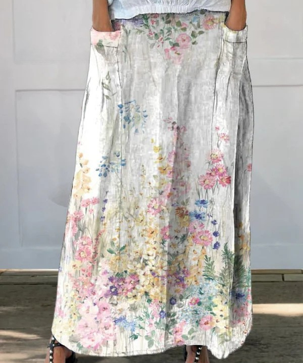 Women's Vintage Botanical Floral Linen Skirt in MultiColor