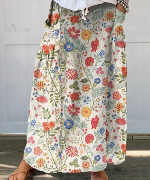 Floral Print Elastic-Waist Linen Skirt in MultiColor