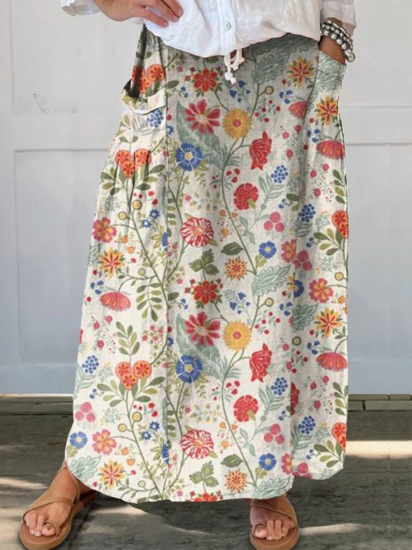 Floral Print Elastic-Waist Linen Skirt in MultiColor
