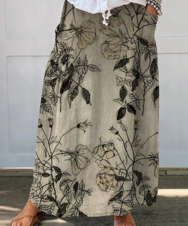 Women's Retro Floral Art Linen Pocket Skirt in MultiColor