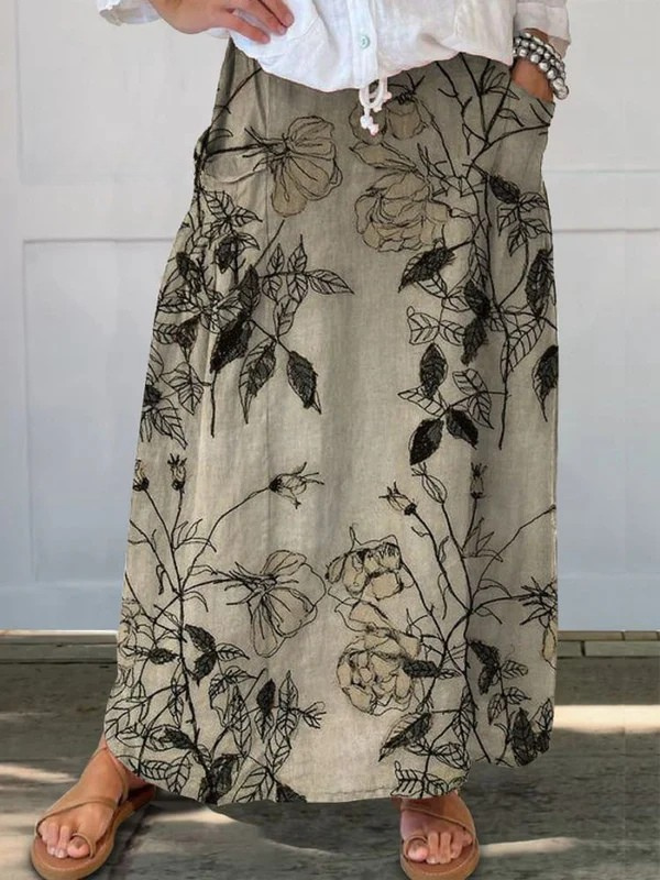 Women's Retro Floral Art Linen Pocket Skirt in MultiColor