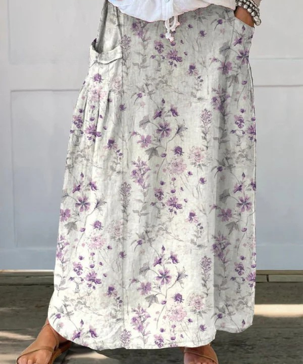 Women's Vintage Floral Art Linen Pocket Skirt in MultiColor