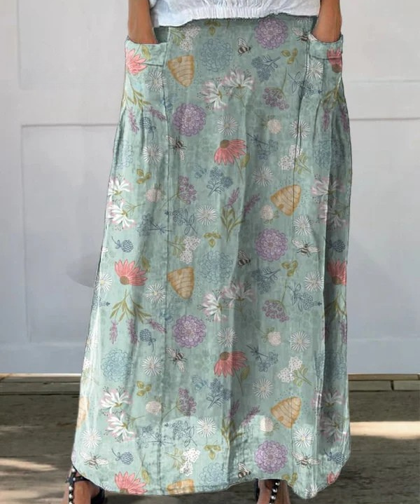 Women's Spring Floral & Bee Print Linen Skirt in Multicolor