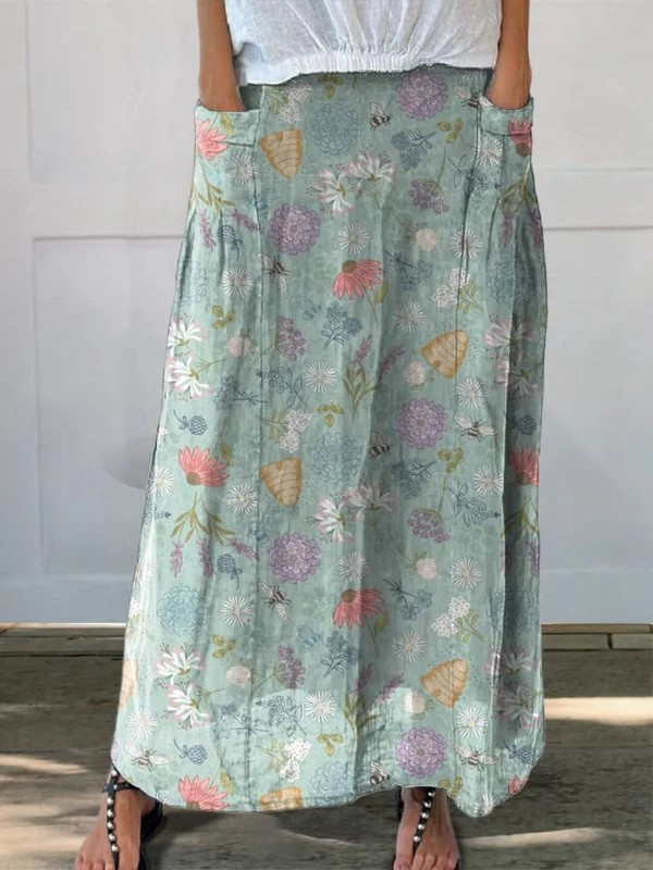 Women's Spring Floral & Bee Print Linen Skirt in Multicolor