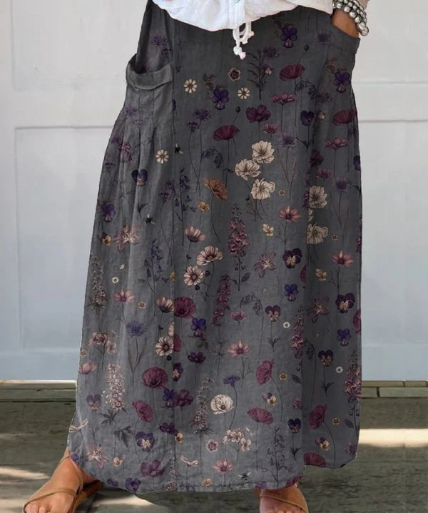 Women's Flower Art Print Linen Pocket Skirt, photo 2