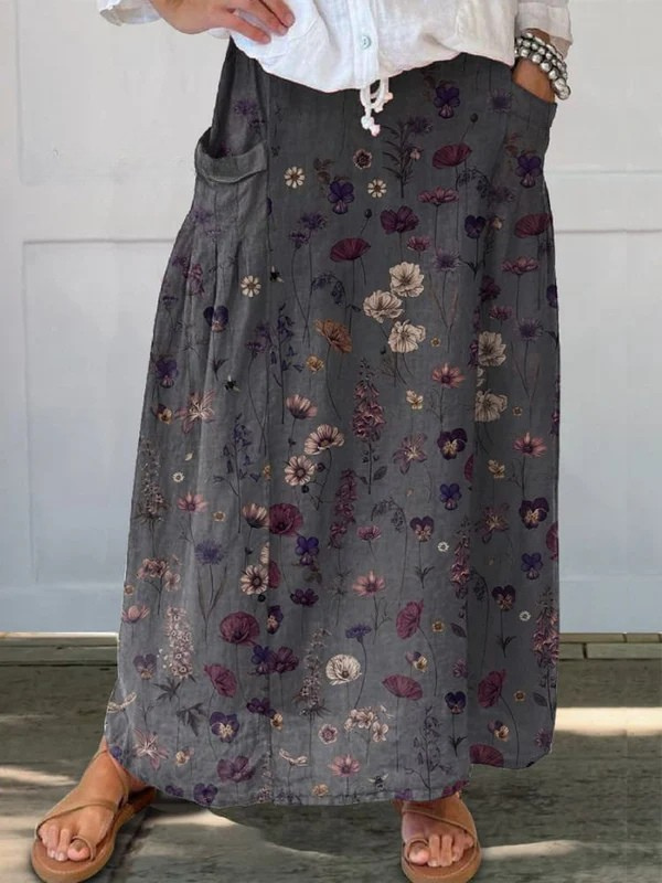 Women's Flower Art Print Linen Pocket Skirt, photo 2