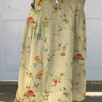 Retro Floral Art Elastic-Waist Linen Skirt in Beige