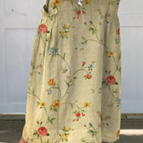 Retro Floral Art Elastic-Waist Linen Skirt in Beige