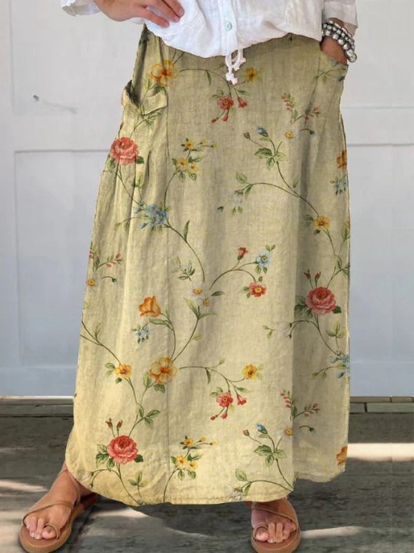 Retro Floral Art Elastic-Waist Linen Skirt in Beige