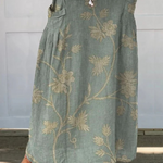Retro Floral Art Elastic-Waist Linen Skirt in Green / White
