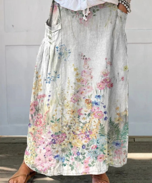 Retro Floral Art Elastic-Waist Linen Skirt, photo 2