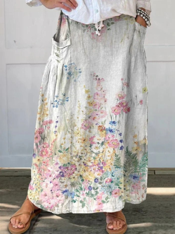 Retro Floral Art Elastic-Waist Linen Skirt, photo 2