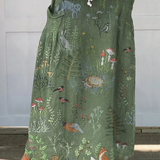 Woodland Animals Print Linen Pocket Skirt in Green
