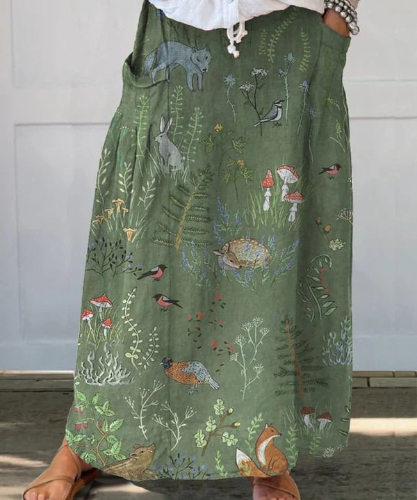 Woodland Animals Print Linen Pocket Skirt in Green