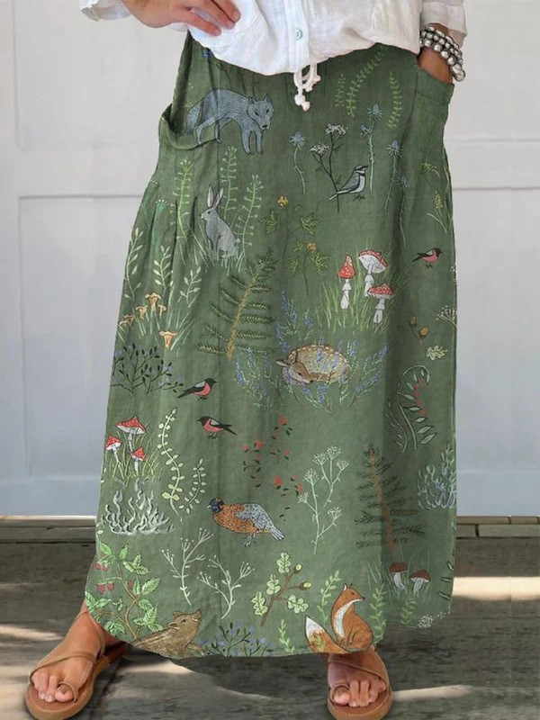 Woodland Animals Print Linen Pocket Skirt in Green