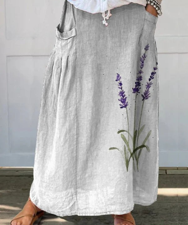 Watercolour Lavender Print Linen Skirt in White