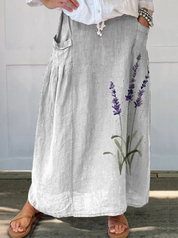 Watercolour Lavender Print Linen Skirt in White