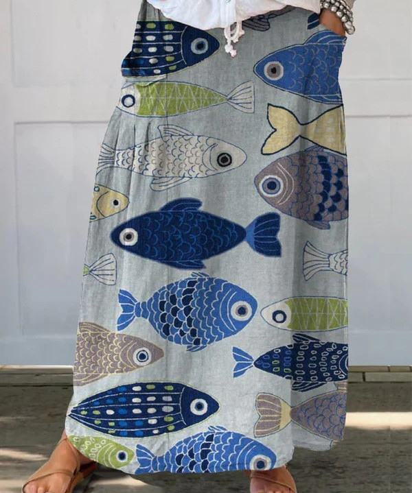 Vintage Fish Art Print Linen Pocket Skirt in MultiColor