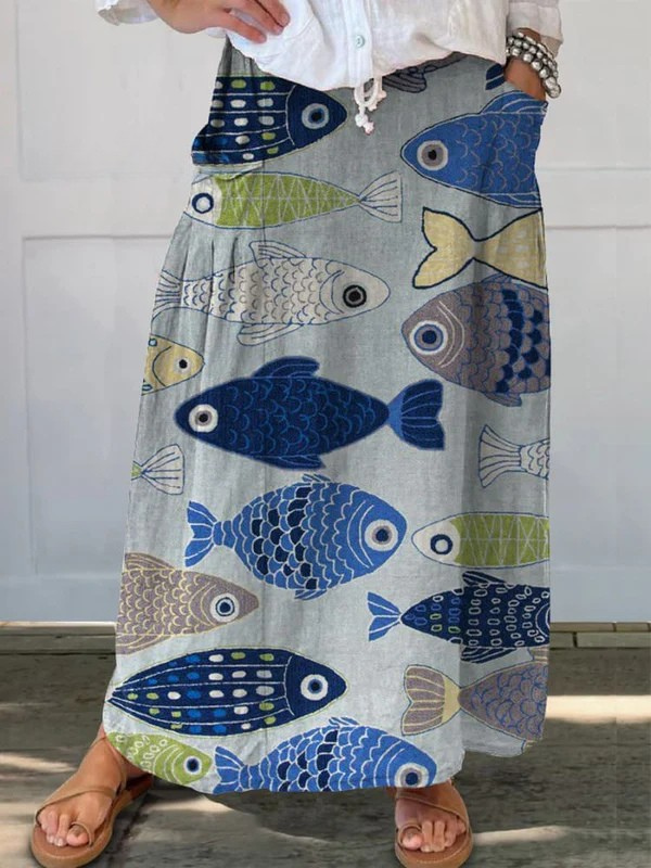 Vintage Fish Art Print Linen Pocket Skirt in MultiColor