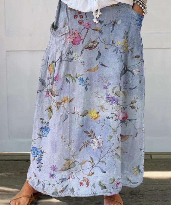 Women's Vintage Blue Print Linen Pocket Skirt in MultiColor