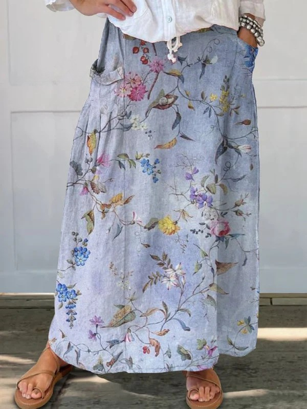 Women's Vintage Blue Print Linen Pocket Skirt in MultiColor