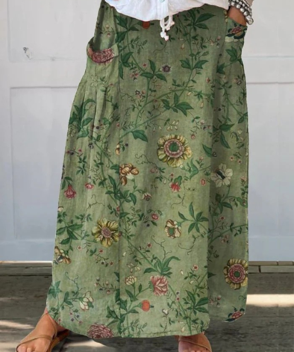 Women's Retro Art Print Linen Pocket Skirt in MultiColor