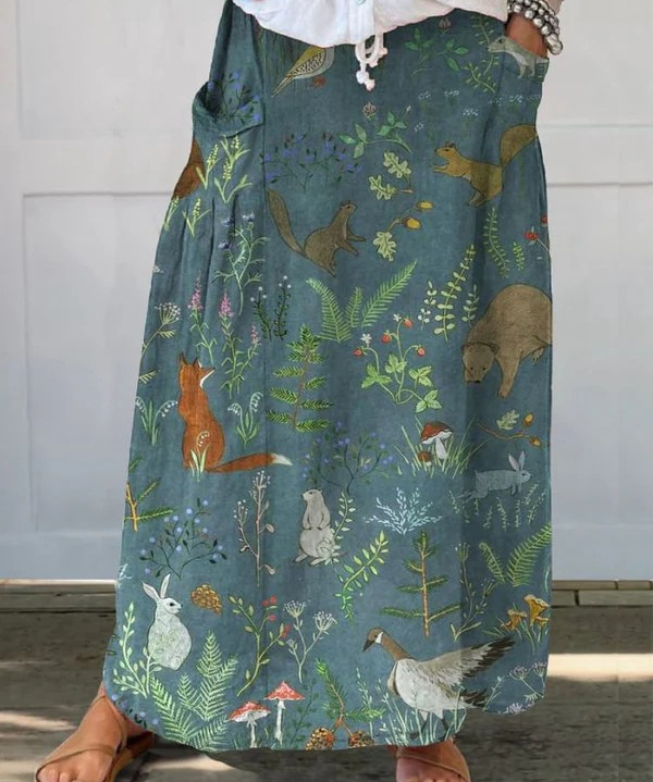 Retro Floral Animals Linen Pocket Skirt in MultiColor