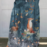 Floral & Animals Art Linen Pocket Skirt in MultiColor