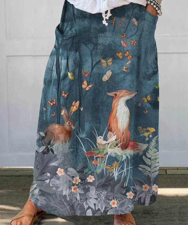 Floral & Animals Art Linen Pocket Skirt in MultiColor