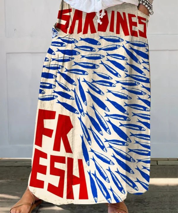 Women's Sardines Art Print Linen Pocket Skirt in MultiColor