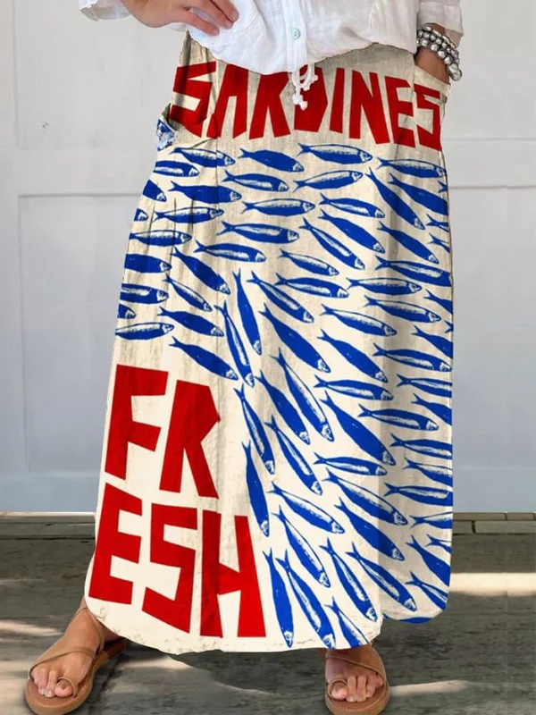 Women's Sardines Art Print Linen Pocket Skirt in MultiColor