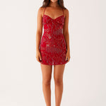 Women's Sparkling Beaded Mini Dress in Red