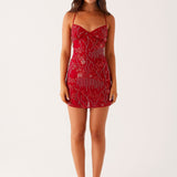 Women's Sparkling Beaded Mini Dress in Red