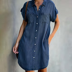 Women's Button-Front Denim Shirt Dress in Dark Blue