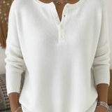 Women's Henley Button-Up Knit Sweater in White