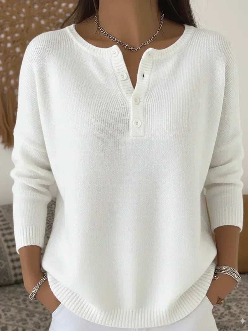 Women's Henley Button Knit Sweater in White