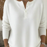 Women's Henley Button Knit Sweater in White