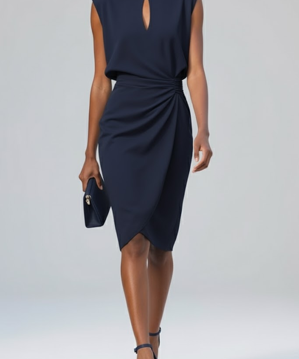 Women's Draped Midi Dress in Navy Blue