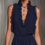 Women's Navy Pleated Striped Satin Jumpsuit, photo 2