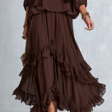 Women's Brown Chiffon Fringe Top & Skirt Set, photo 4