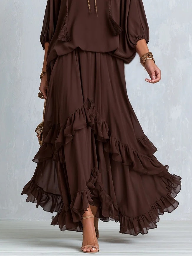Women's Brown Chiffon Fringe Top & Skirt Set, photo 4
