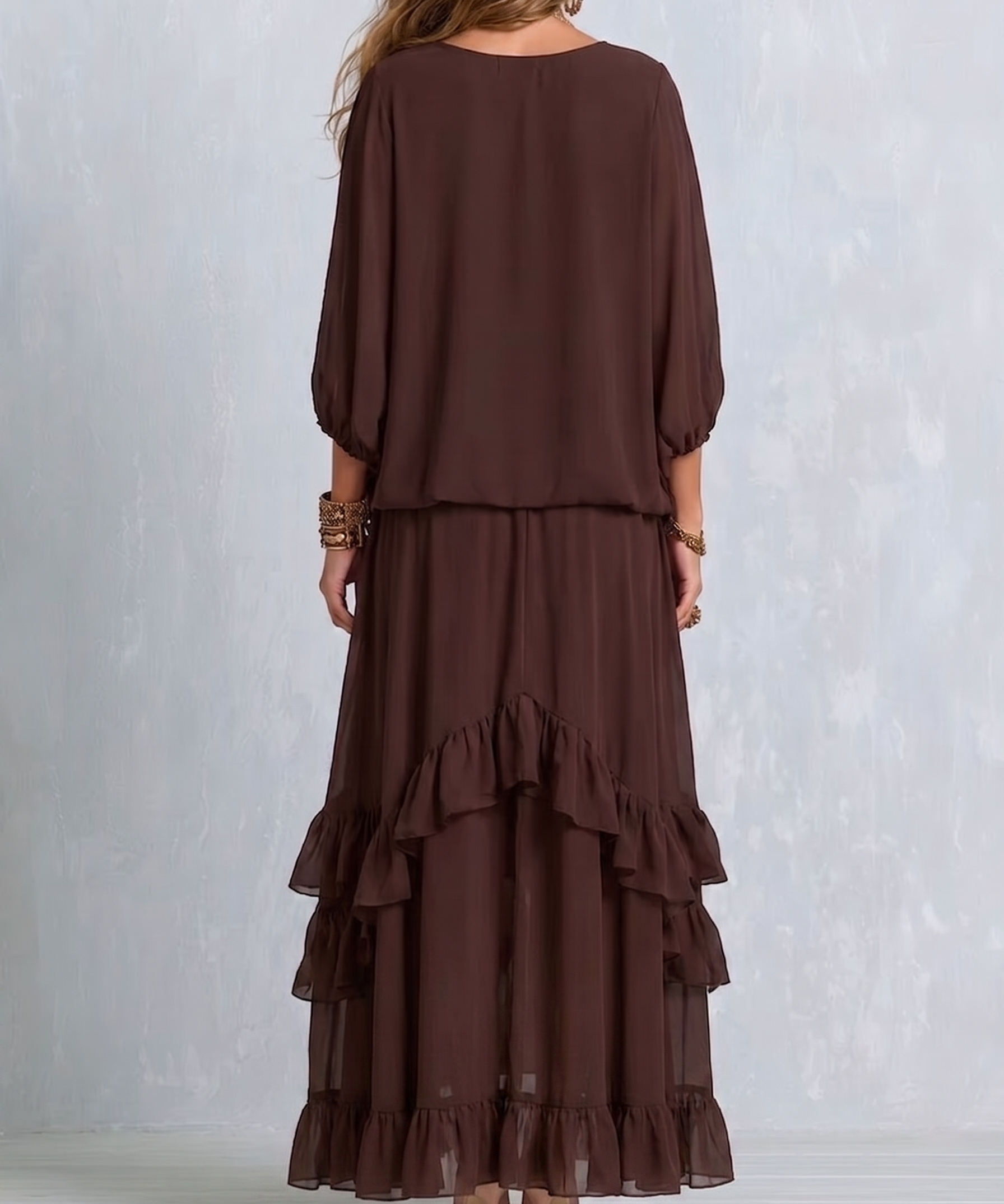 Women's Brown Chiffon Fringe Top & Skirt Set, photo 2
