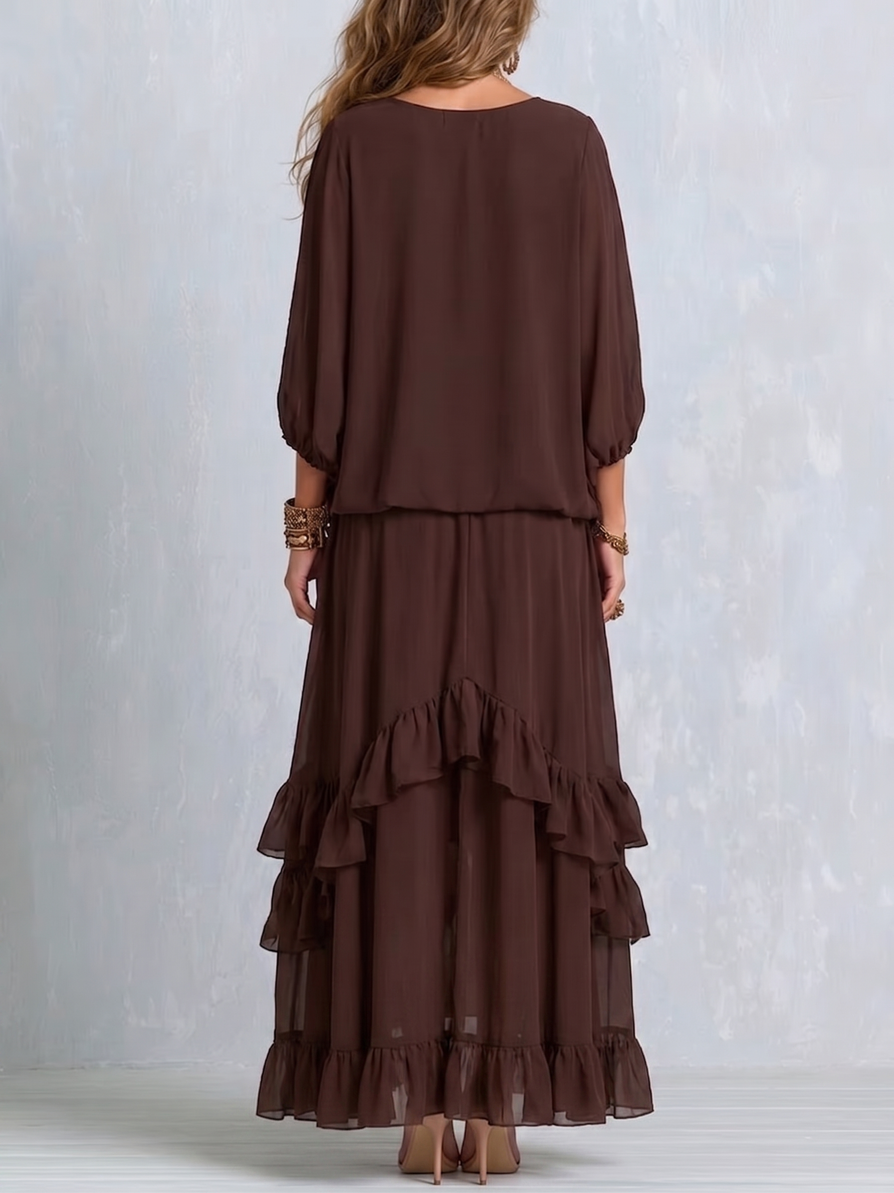 Women's Brown Chiffon Fringe Top & Skirt Set, photo 2