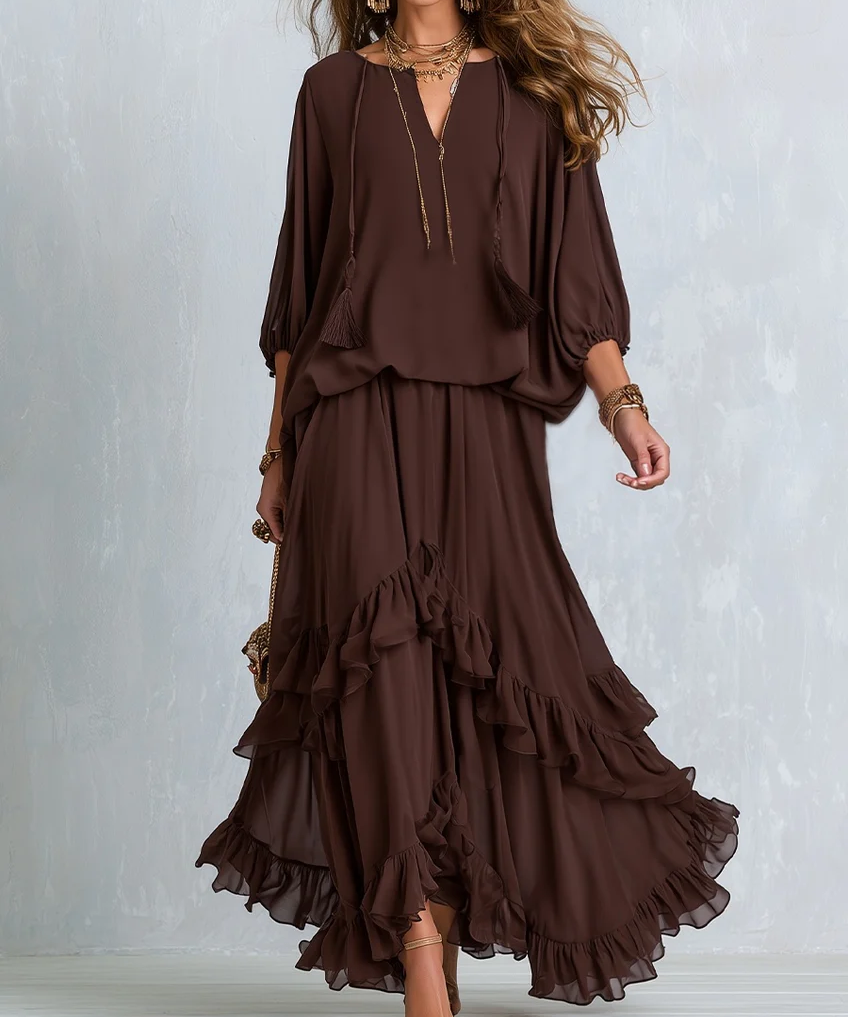 Women's Brown Chiffon Fringe Top & Skirt Set