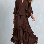 Women's Brown Chiffon Fringe Top & Skirt Set