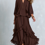 Women's Brown Chiffon Fringe Top & Skirt Set