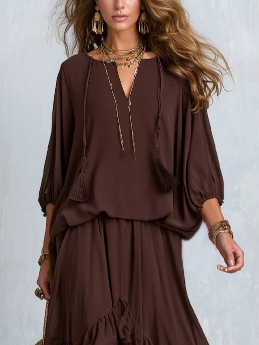 Women's Brown Chiffon Fringe Top & Skirt Set, photo 3