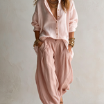 Women's White Shirt & Olive Lantern Pants Set in Pink
