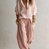 Women's White Shirt & Olive Lantern Pants Set in Pink